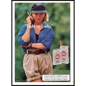 1987 Lucky Strike Cigarettes Vintage Print Ad Woman Blue Hat Khakis Wall Art